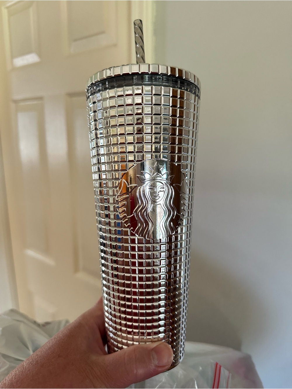 Starbucks Metallic Silver embossed venti  Tumbler with Straw